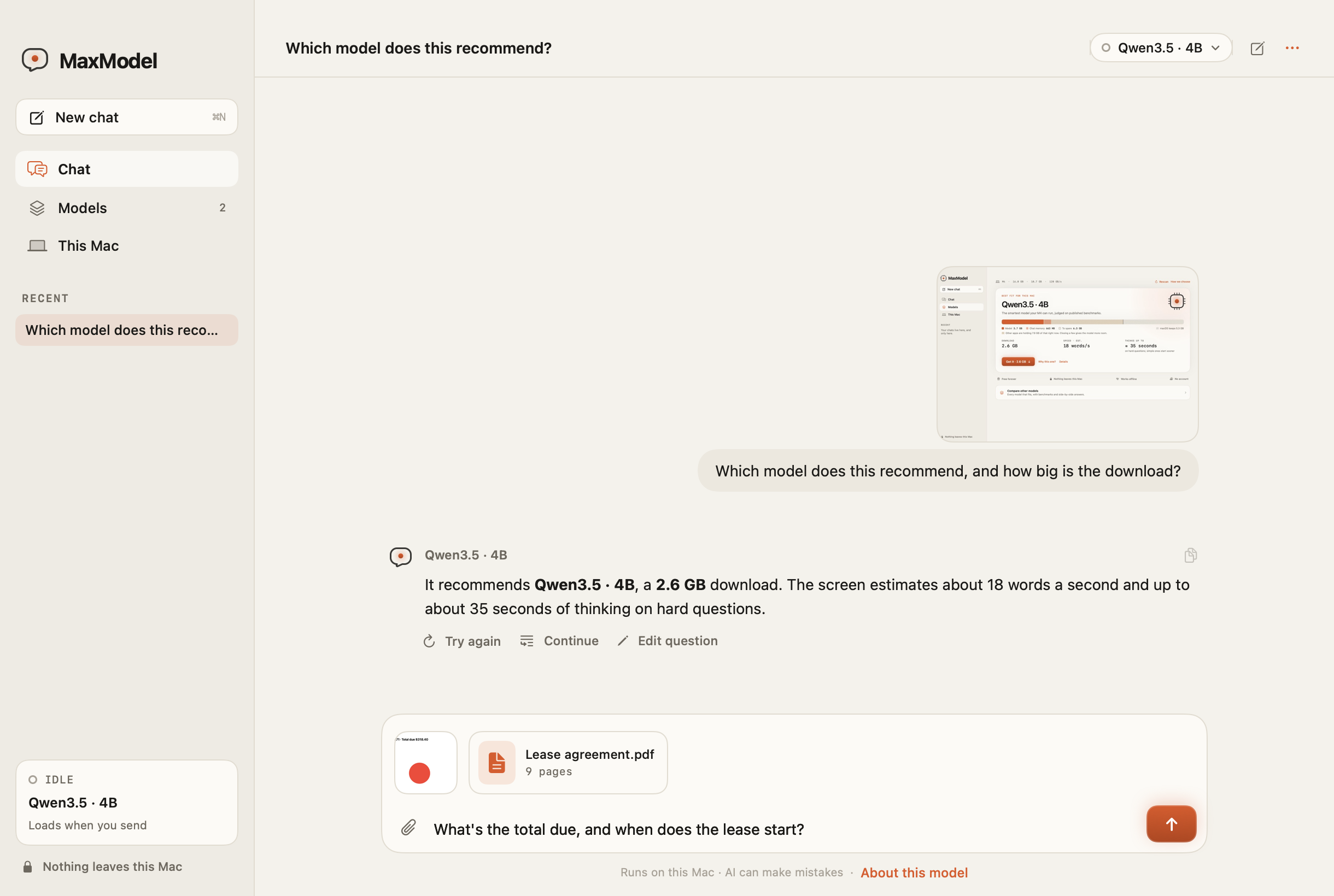 A MaxModel chat answering a question about an attached screenshot, with an image and a PDF waiting in the message box.