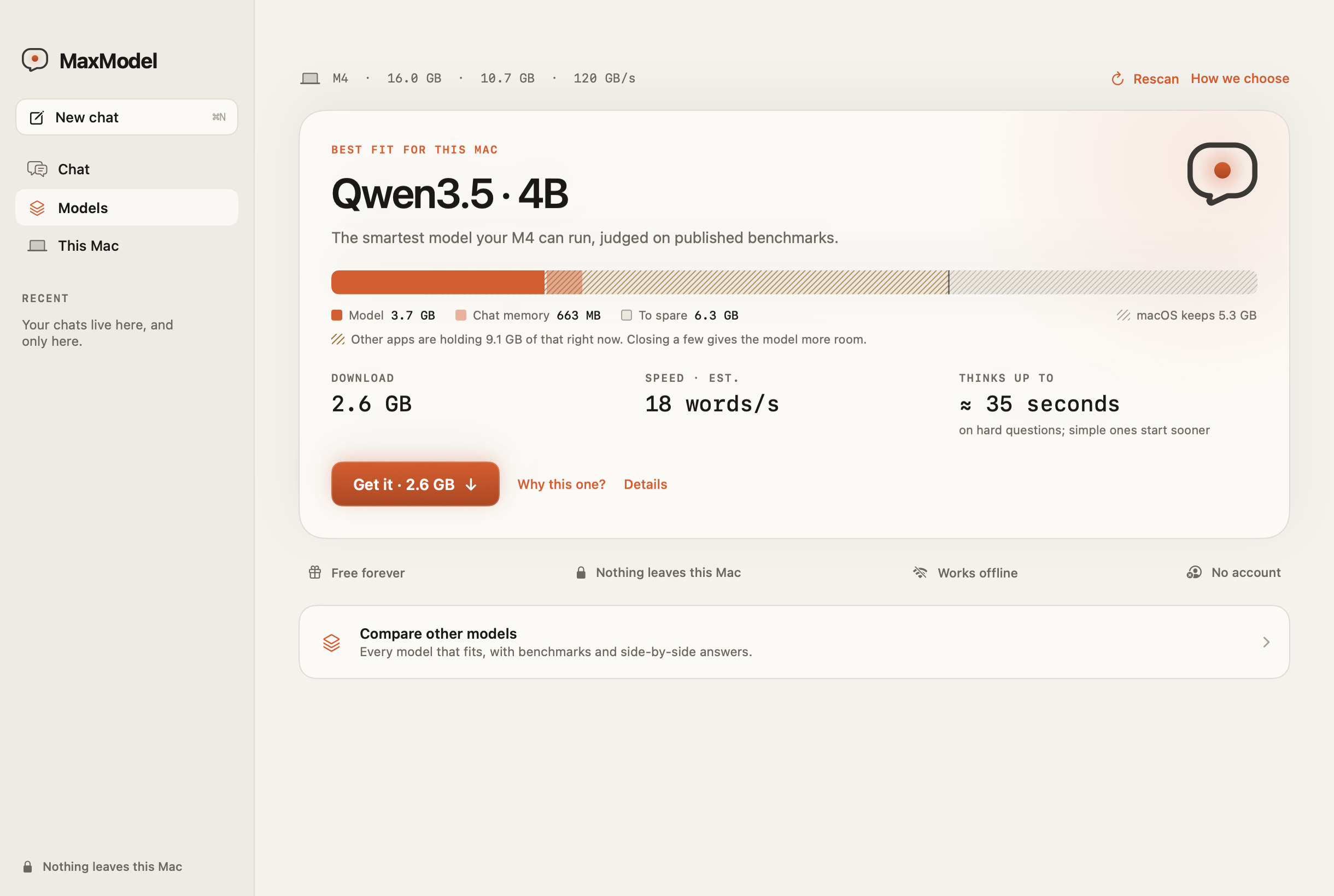 MaxModel recommending Qwen3.5 4B for a 16 GB M4 Mac, with its download size, estimated speed, and thinking time.